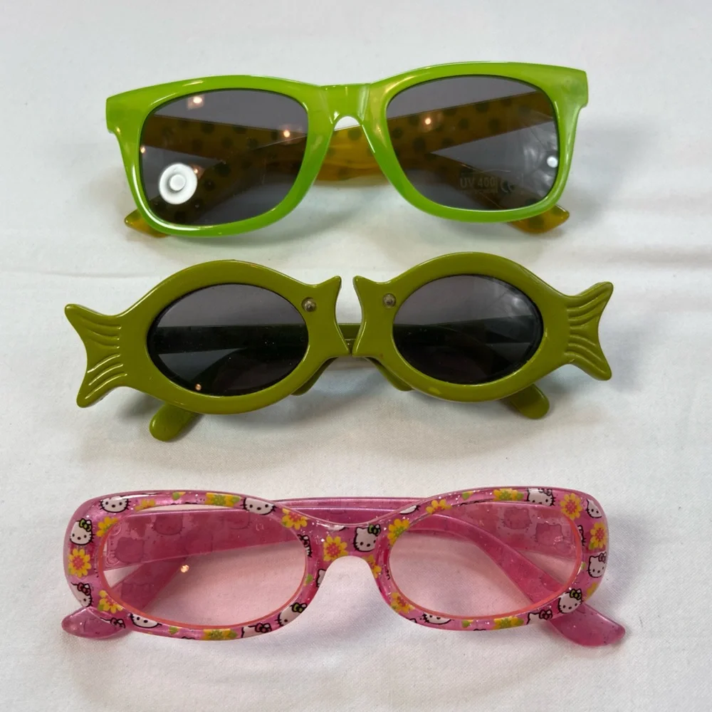 Trendy Kids Sunglasses 4pairs Bright Green, Olive Fish shape, Miss Kitty,‎ white